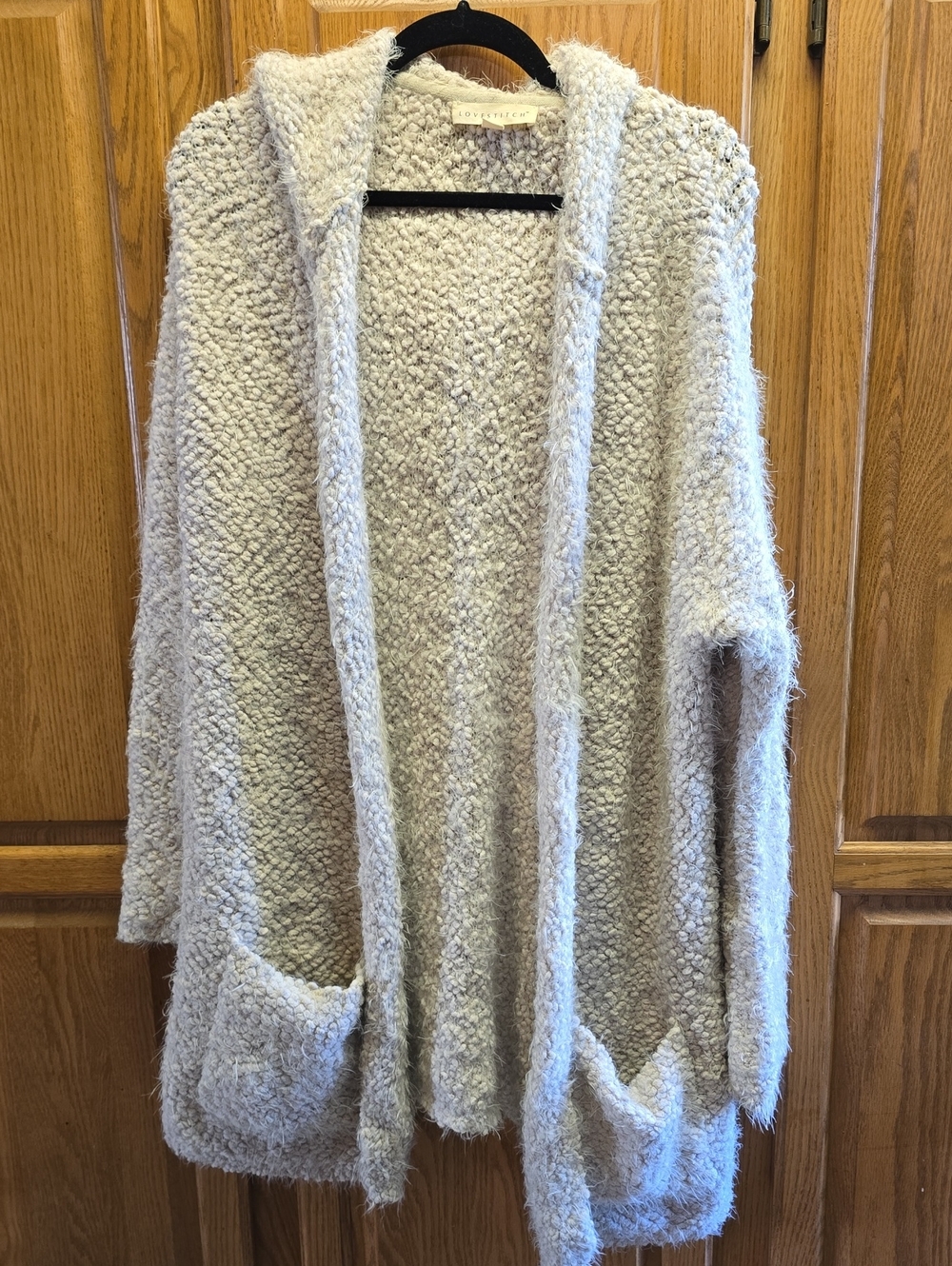 Cream Hooded Open-Front Chunky Cardigan, Oversized M/L, Front Pocket, Fall Peice